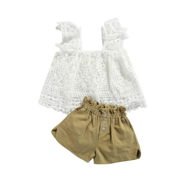 

clothing sets girls clothes set, floral hollow out sleeveless o-neck lace + solid color short pants, White