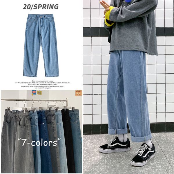 

men's jeans baggy homme cargo pocket fashion straight pants loose solid color casual biker denim trousers -3xl wccs, Blue