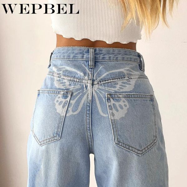 

women butterfly print straight denim pants ladies elegant high waist jeans vintage long trousers women's, Blue