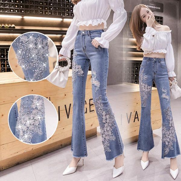 

women's stretch jeans, flared trousers, autumn 2021 style beaded embroidery, thin fishtail micro-pants jeans, Blue
