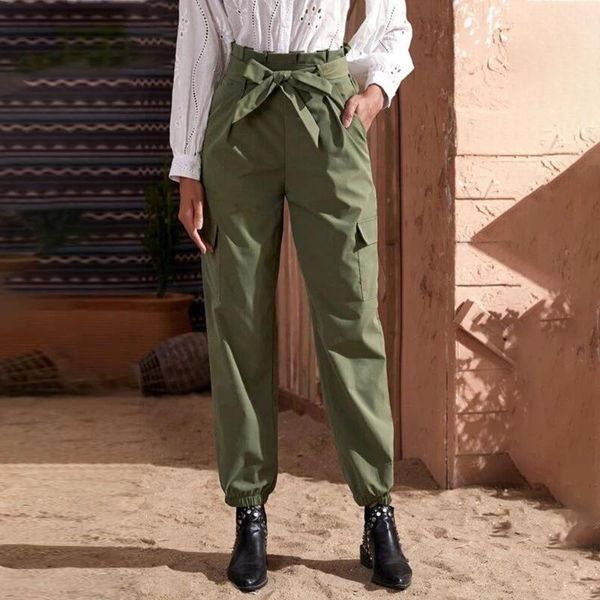 

women's pants & capris women casual cargo 2021 female high waist pocket decor drawstring ladies daily soild color trousers long d30, Black;white