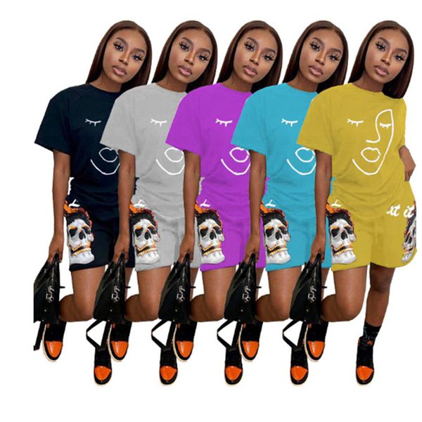 

women casual printing tracksuits fashion short sleeve o-neck shorts 2pcs suits clothing designer female summer tees two piece sets, Gray