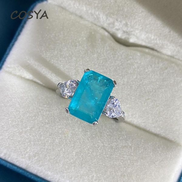 

cluster rings cosya 100% 925 sterling silver 8*12mm rectangle aquamarine high carbon diamond anniversary temperament fine jewelry gift, Golden;silver
