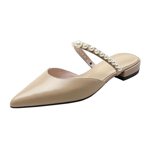 

genuine leather low heel pointed toe shallow baotou pearl princess style gentlewomen modern maiden women sandals l26, Black