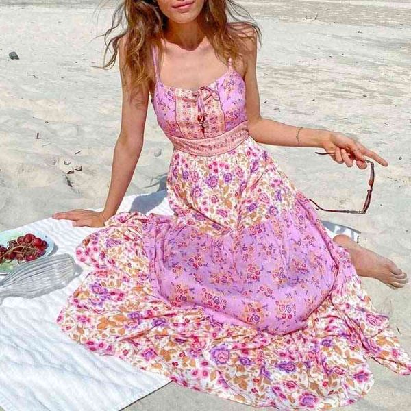 Inspirado Lilac Floral Print Midi Mulheres Correias Sexy Verão Pescoço Gravata Sem Mangas Bonito New Senhoras Vestido 210412