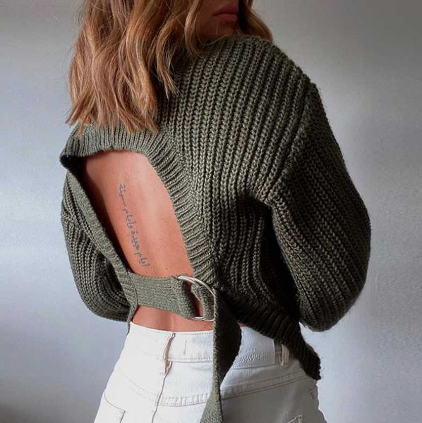 

women's sweaters backless knitted sweater fashion streetwear solid ladies autumn winter loose casual jumper vestido, White;black