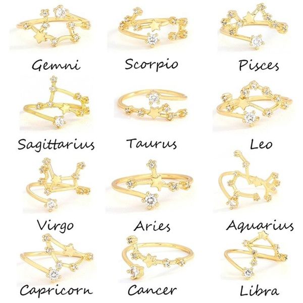 

cluster rings 2021 women 12 constellation simple golden libra gemini taurus cancer aries adjustable ring couple zircon copper jewelry, Golden;silver