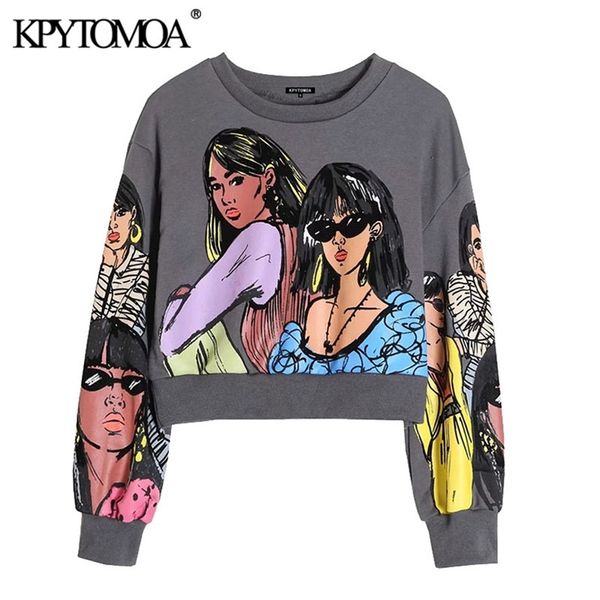 

women fashion charater print loose cropped sweatshirt vintage o neck long sleeve female pullovers chic 210420, Black