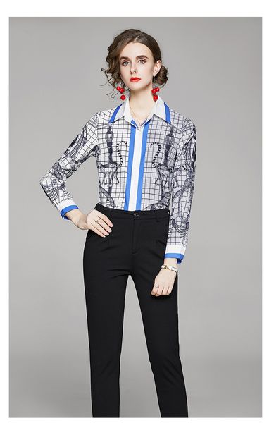 

2021 women striped long-sleeved shirt spring and autumn lapel neck slim slimming shirts personality trend, White