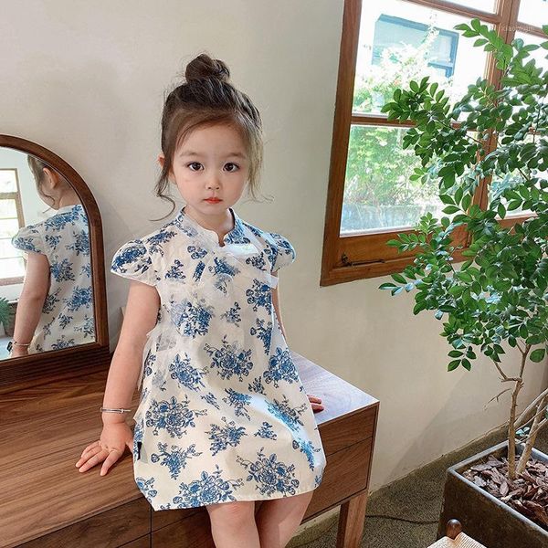 

children's wear 2021 summer printing short sleeve thin girls cheongsam dress girl's dresses, Red;yellow