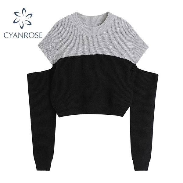 

off shoulder rib sweater women irregular patchwork contrast color retro pullover knitwear korean elegant long sleeve knitted 210515, White;black