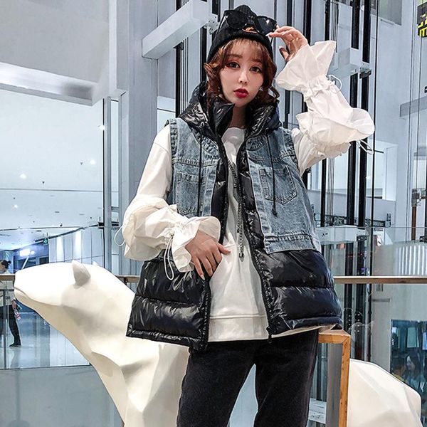

women's vests denim stitching short vest women hooded down cotton coat autumn winter loose warm waistcoat bright color jacket k962, Black;white