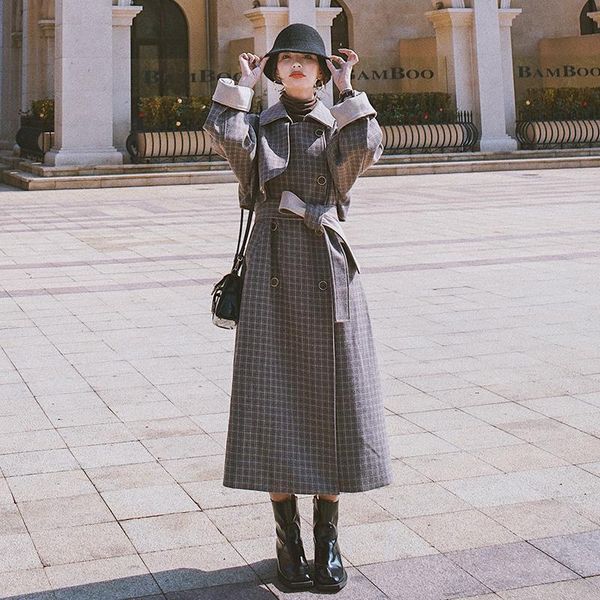 

women's wool & blends vintage england style plaid woolen trench coats and jackets women winter clothes female elegant loose belted long, Black