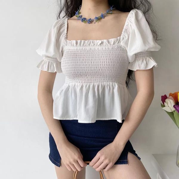 

french foam sleeve square neck white pullover shirt women's ruffle short t-shirt