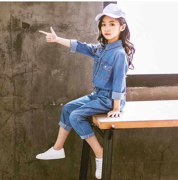 

family matching outfits 5-10 years old girl's suit autumn style spring clothes big denim double pocket tide solid color two piece, Blue