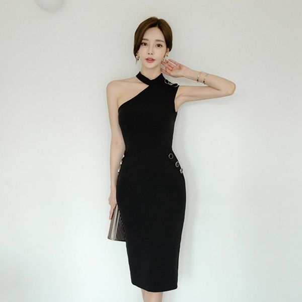 

zawfl black contrast halterneck bodycon dress women sleeveless backless slim elegant pencil es 210525, Black;gray