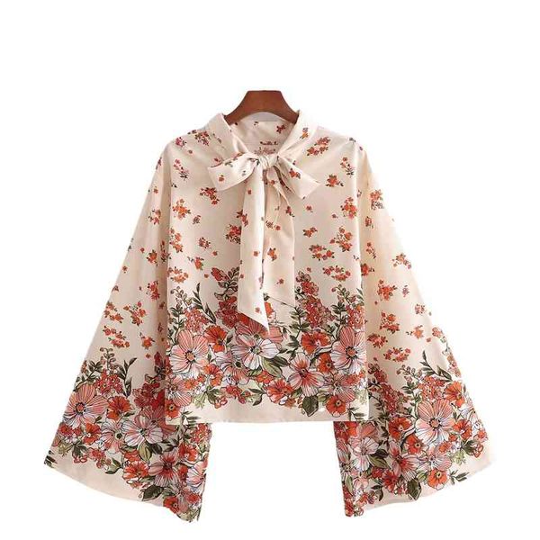 

streetwear women bow collar shirts fashion ladies floral print elegant female chic flare sleeve blouses 210430, White