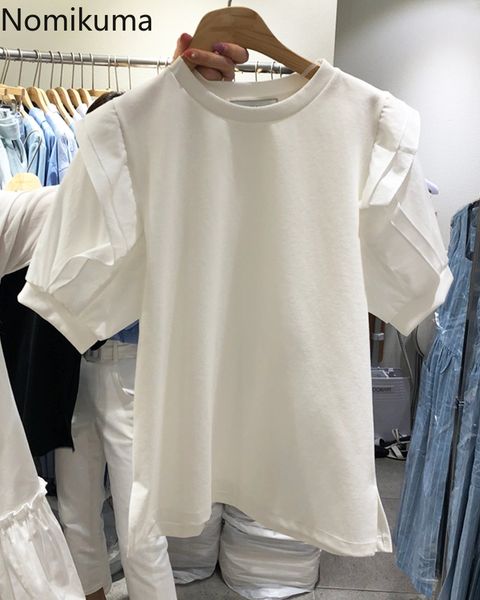 

nomikuma korean ruffle patchwork puff sleeve graphic t shirts causal o-neck solid women spring summer new tshirt 6f731 210427, White