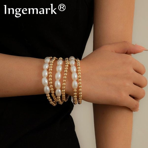

link, chain 6pcs/set bohemian imitation pearl beaded bangles bracelet hand fashion layered acrylic women charm jewelry gifts, Black
