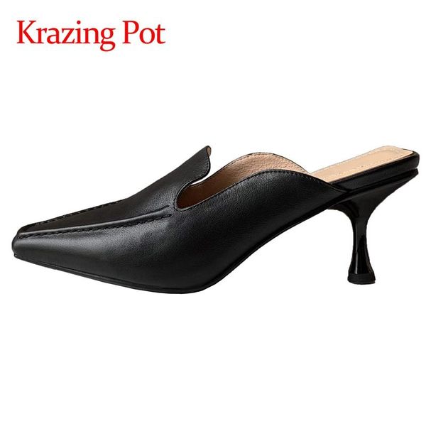 

sandals krazing pot genuine leather square toe high heel young lady gentlewomen concise style solid slip on mules women l08, Black