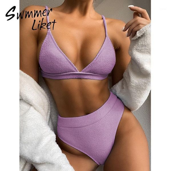 

triangle swimsuit women high waist swimwear ribbed bikini 2021 brazilian bathing suit string swim female two piece women's, White;black