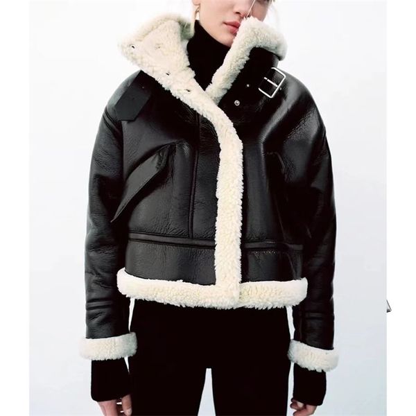 ZA Kadınlar Kış Moda Polar İmitasyon Deri Ceket Kaban Vintage Uzun Kollu Kadın Giyim Şık 211220 Tops