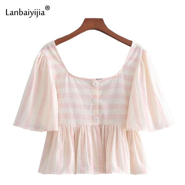 

women's blouses & shirts lanbaiyijia est women striped shirt linen pleated blouse buttons flare short sleeve square collar casual, White