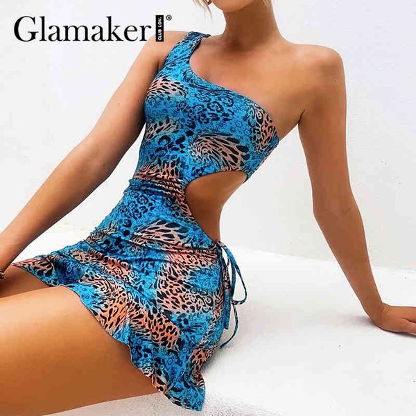 

glamaker leopard e-girl vintage hollow out mini y2k dress one shoulder party ruffles hem bodycon club summer short dress 210412, Black;gray