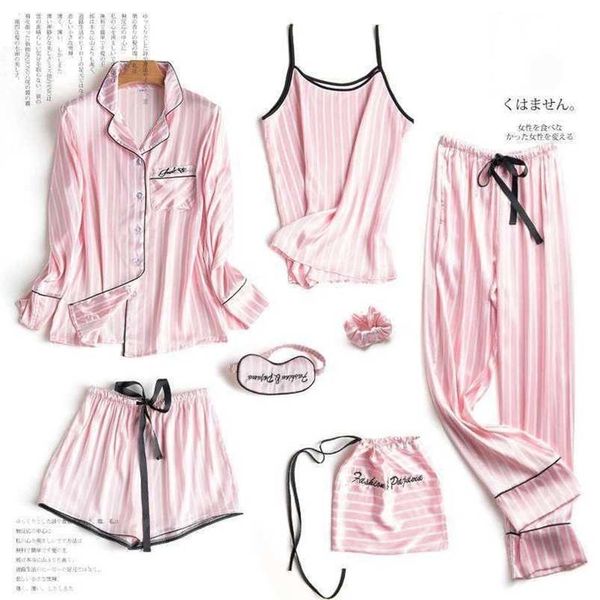 

july's song pink 7 pieces women's pajamas sets faux silk striped pyjama women's pajamas sleepwear sets spring summer homewear, Black;red