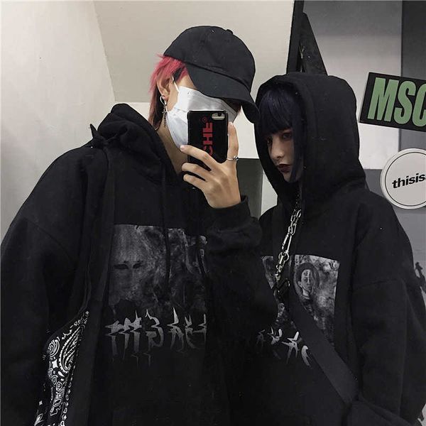 

korea ulzzang winter punk female casual hip hop vintage couple long sleeve fun plus size cartoon letter hooded sweatshirt 210608, Black