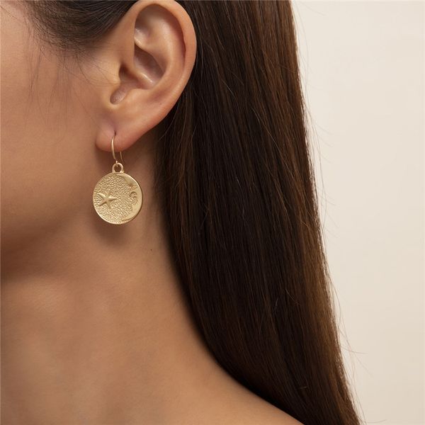 

european moon star round stud earring alloy pockmarked pendant earrings hook women business party gift gold ear drop jewelry accessories who, Golden;silver