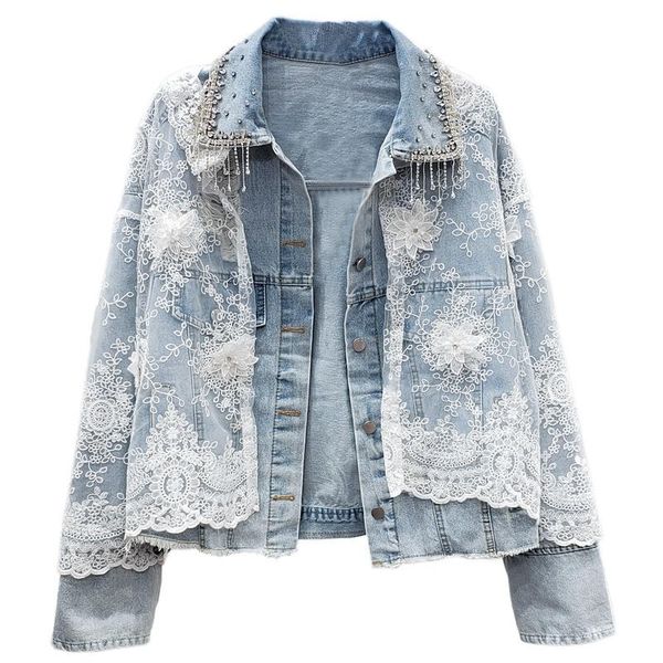 

women's jackets autumn women diamond tassel 3d lace flower hollow washed blue denim jacket loose hole jeans ropa de mujer streetwear, Black;brown