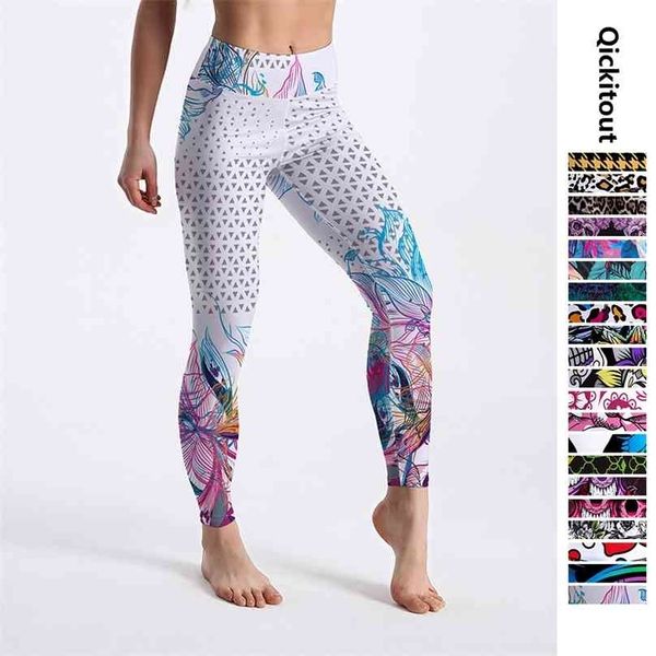 Qickitout Venda Leggings Flores Femininas Branco Cápsulas Digitas Calças Esticão Calças de cintura alta 210925