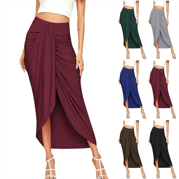 

womail fashion casual slit womens skirts wrap asymmetrical elastic high waist maxi solid long mujer faldas, Black