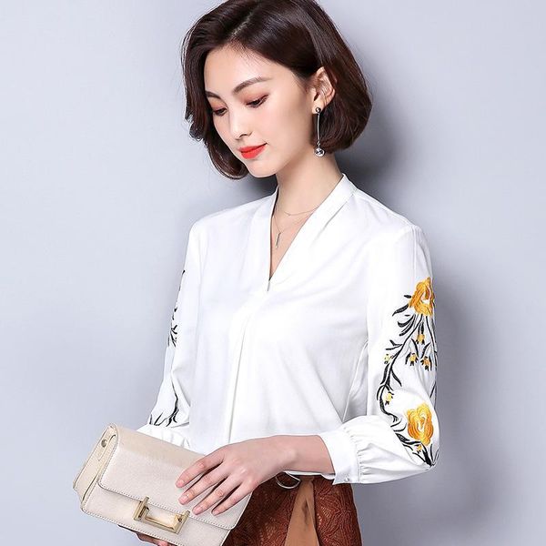 

women's blouses & shirts 2021 spring korean large embroidered t-shirt v-neck long sleeve slim chiffon shirt, White