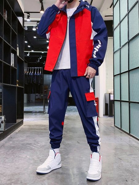 

men letter graphic colorblock hooded jacket & cargo pants without y9w7#, Gray