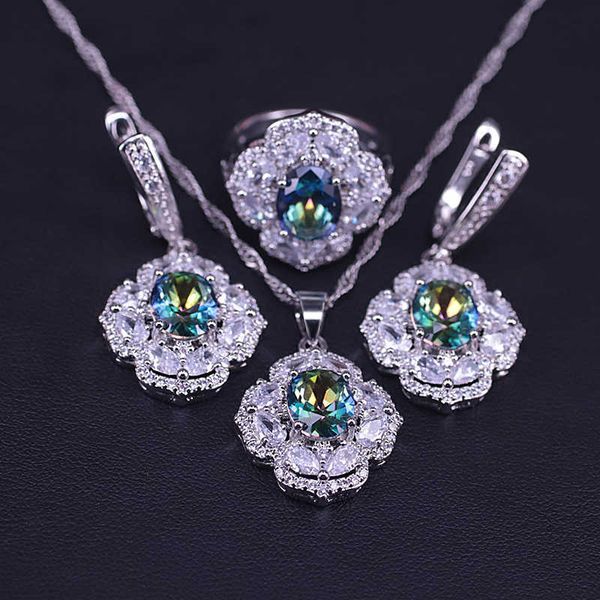 

many colors zircons & crystal silver color costume jewelry sets for women earrings ring necklace set with pendant bridal jewelry h1022