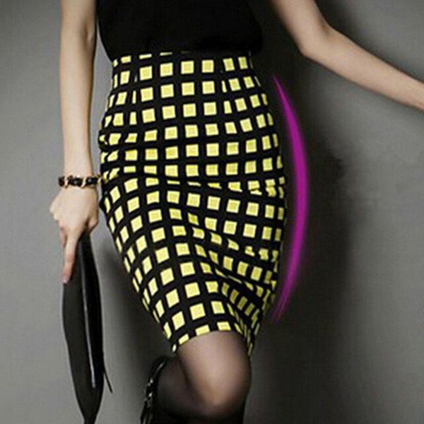 

skirts totrust yellow plaid skirt 2021 summer high waist womens bodycon plus size midi female faldas grid saia femininas, Black