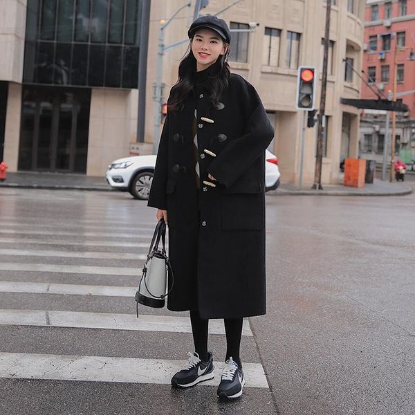 

women's wool & blends brand long women overcoat horn button blend coat for lady winter outerwear female clothes thick warm black