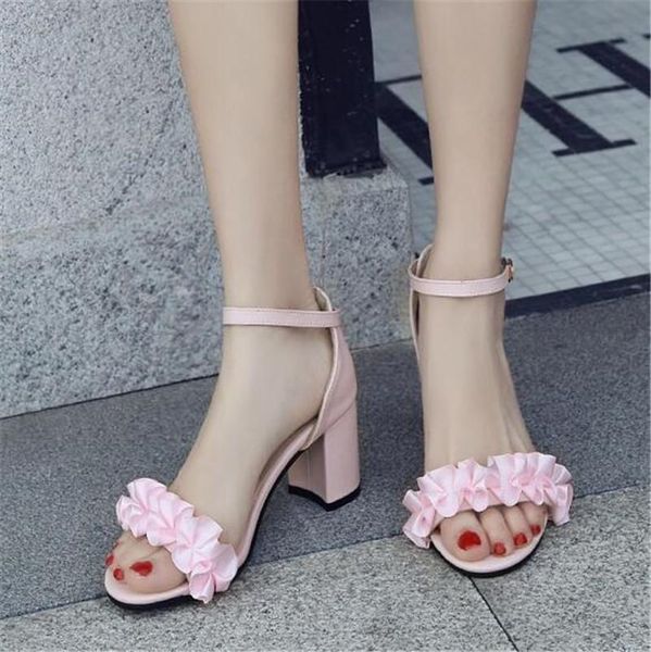 

cute silk ruffles ladies wedding sandals pink ankle strap chunky block square high heels women shoes 2021 summer big sz, Black