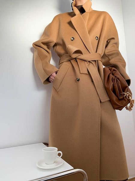

women's trench coats double bordered breasted double water undue face cashmere female jacket long in thick can custom size large fly9, Tan;black