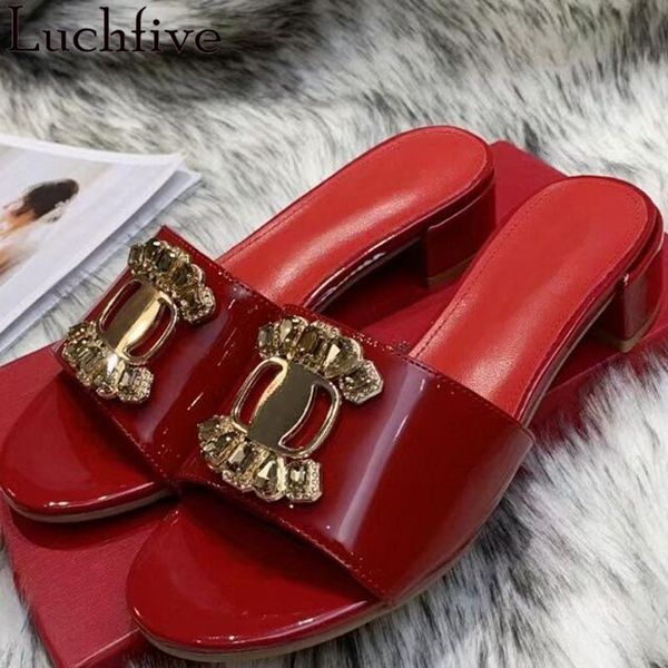

slippers brand designer metal decorate women shoes slip on square heel mules peep toe casual party sandalias female, Black