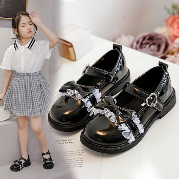 

fashion bow ruffle girl dress dance spring shoes for children flats kids princess school patent leather 3 5 12 years flat, Black;grey