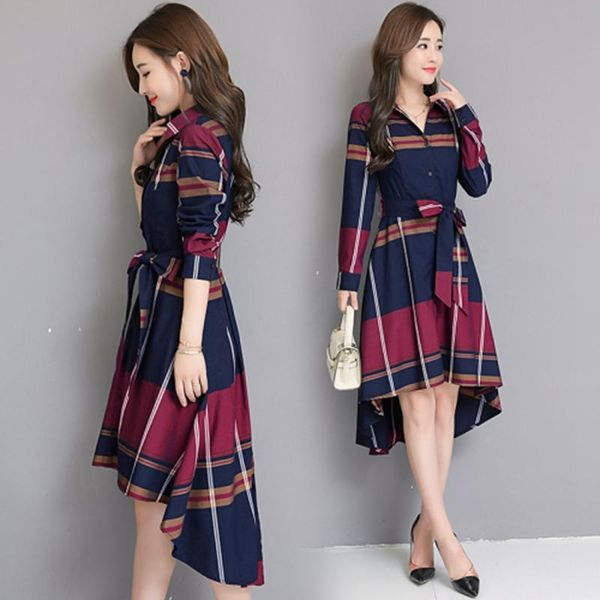 

casual dresses stinlicher women grid stripe dress elegant lady office long sleeve tunic bandage midi plus size autumn winter, Black;gray