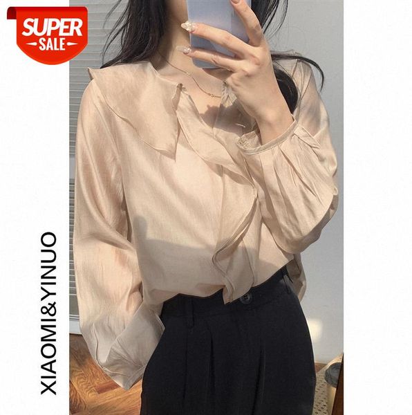 

[ou fan] 7904 sweet doll side v-neck shirt women gentle wind loose long sleeve #w64s, Black;gray