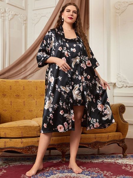 

plus crane & floral print belted satin robe & cami nightdress s6al#, Black;white