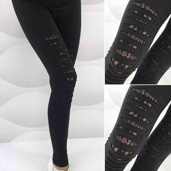 

summer fashion lace torn ripped hole leggings women gothic legging slim elastic black bandage pants thin women wear