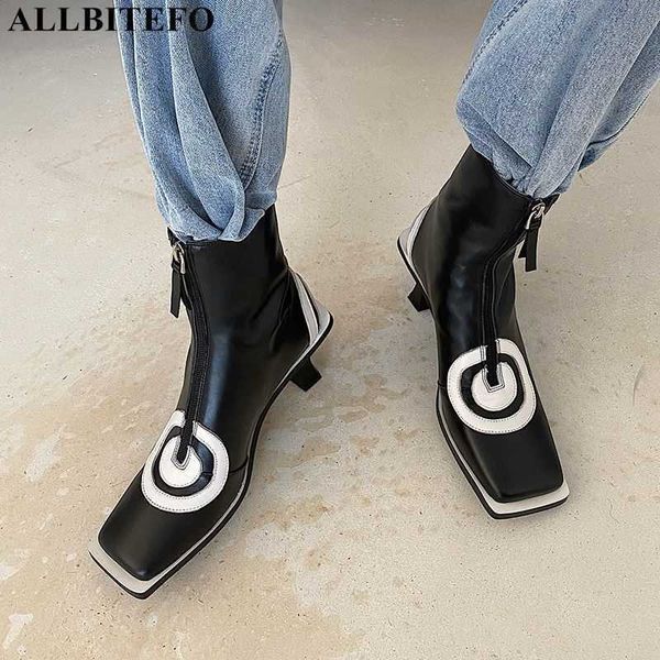 

allbitefo soft genuine leather ankle boots fashion casual women boots cow leather motocycle boots high heel shoes 210611, Black