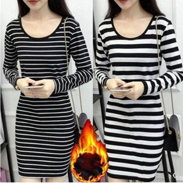 

skirts plus velvet padded autumn and winter retro stripes bag hip slimming long sleeve t-shirt women's bottoming pleated skirt plaid, Black