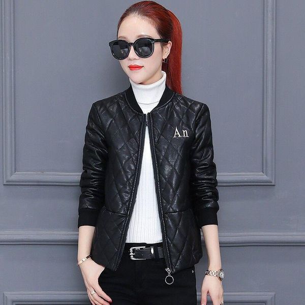 

women's jackets leather short baseball jacket fashion women autumn winter casual loose letter learther coat zipper v-neck outwe, Black;brown